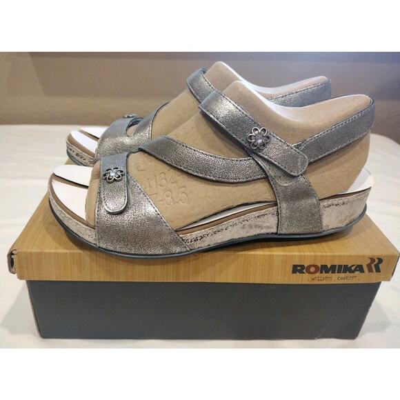 Women's ~ROMIKA FIDSCHI SILVER METALLIC SLING BACK SANDALS EU 38 US 7.5-8 NEW - Picture 1 of 12
